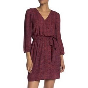 Red & Blue Print V-Neck Tie Dress